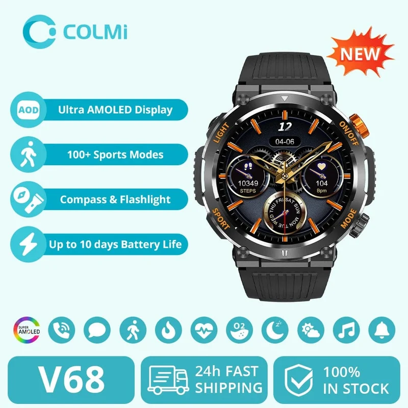 COLMI V68 1.46-Zoll-HD-Display-Smartwatch für Herren, 100 Sportmodi, Kompass, Taschenlampe, Militärqualität, robuste Smartwatch