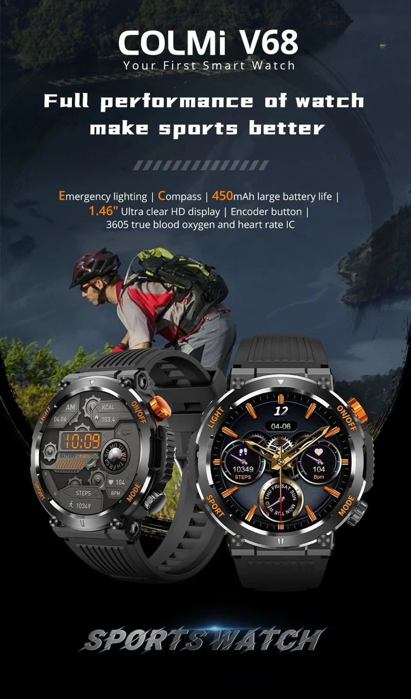 COLMI V68 1.46-Zoll-HD-Display-Smartwatch für Herren, 100 Sportmodi, Kompass, Taschenlampe, Militärqualität, robuste Smartwatch