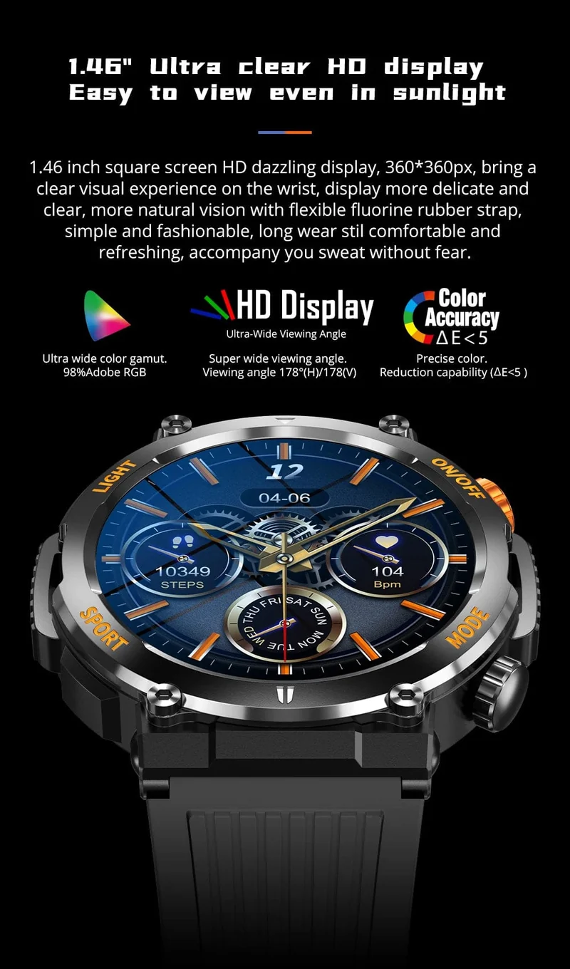 COLMI V68 1.46-Zoll-HD-Display-Smartwatch für Herren, 100 Sportmodi, Kompass, Taschenlampe, Militärqualität, robuste Smartwatch