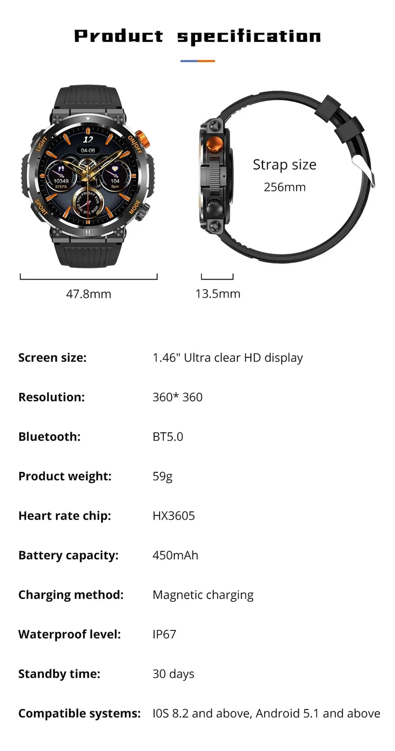 COLMI V68 1.46-Zoll-HD-Display-Smartwatch für Herren, 100 Sportmodi, Kompass, Taschenlampe, Militärqualität, robuste Smartwatch