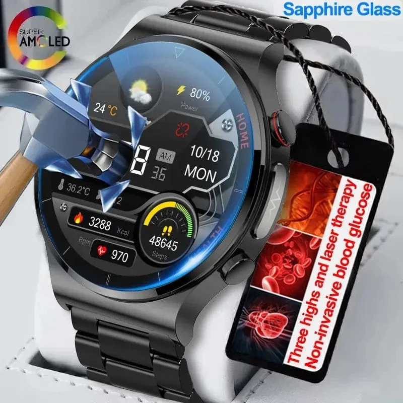 2024 Neue Laserbehandlung Drei hohe Smart Watch Männer EKG PPG Herzfrequenz Blutzucker Gesundheitstracker Smart Watches für Huawei IOS