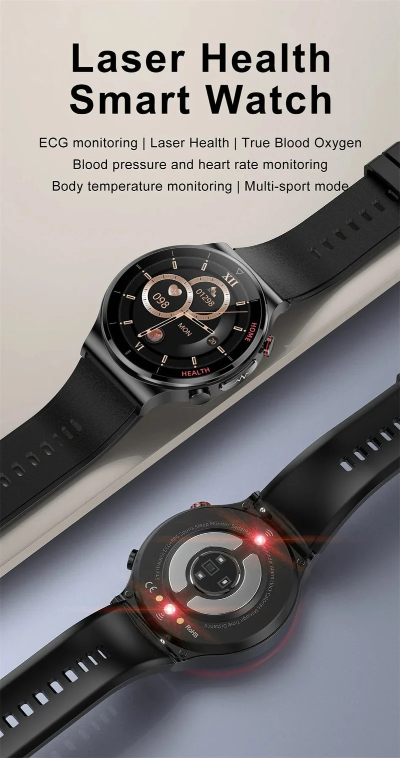 2024 Neue Laserbehandlung Drei hohe Smart Watch Männer EKG PPG Herzfrequenz Blutzucker Gesundheitstracker Smart Watches für Huawei IOS
