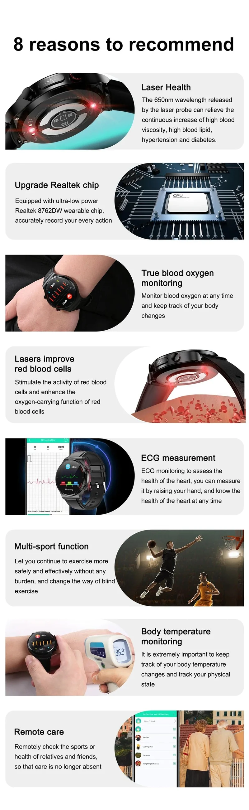 2024 Neue Laserbehandlung Drei hohe Smart Watch Männer EKG PPG Herzfrequenz Blutzucker Gesundheitstracker Smart Watches für Huawei IOS
