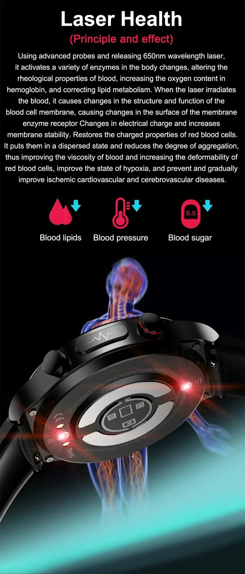 2024 Neue Laserbehandlung Drei hohe Smart Watch Männer EKG PPG Herzfrequenz Blutzucker Gesundheitstracker Smart Watches für Huawei IOS