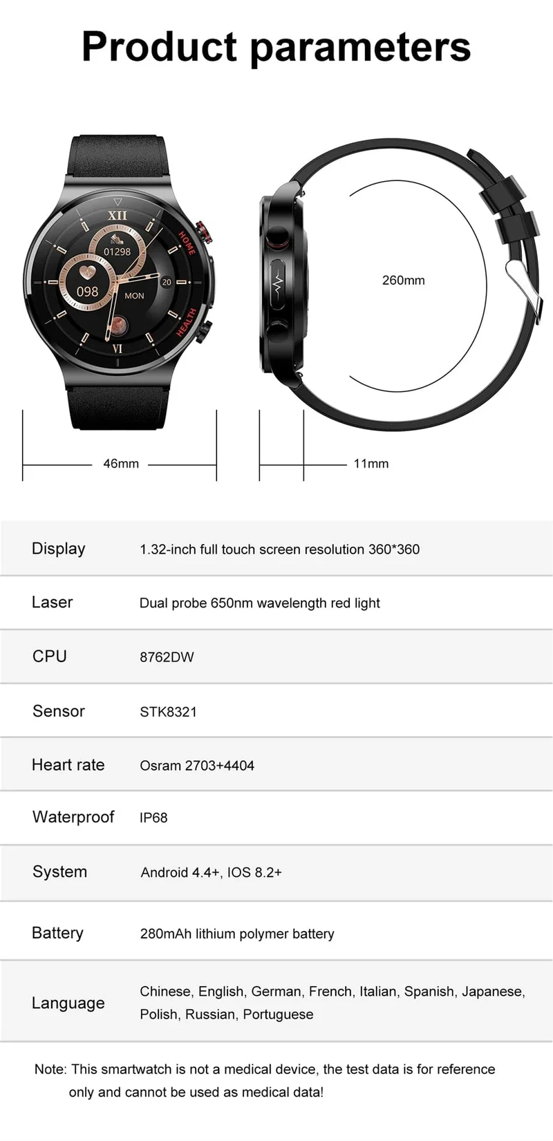 2024 Neue Laserbehandlung Drei hohe Smart Watch Männer EKG PPG Herzfrequenz Blutzucker Gesundheitstracker Smart Watches für Huawei IOS