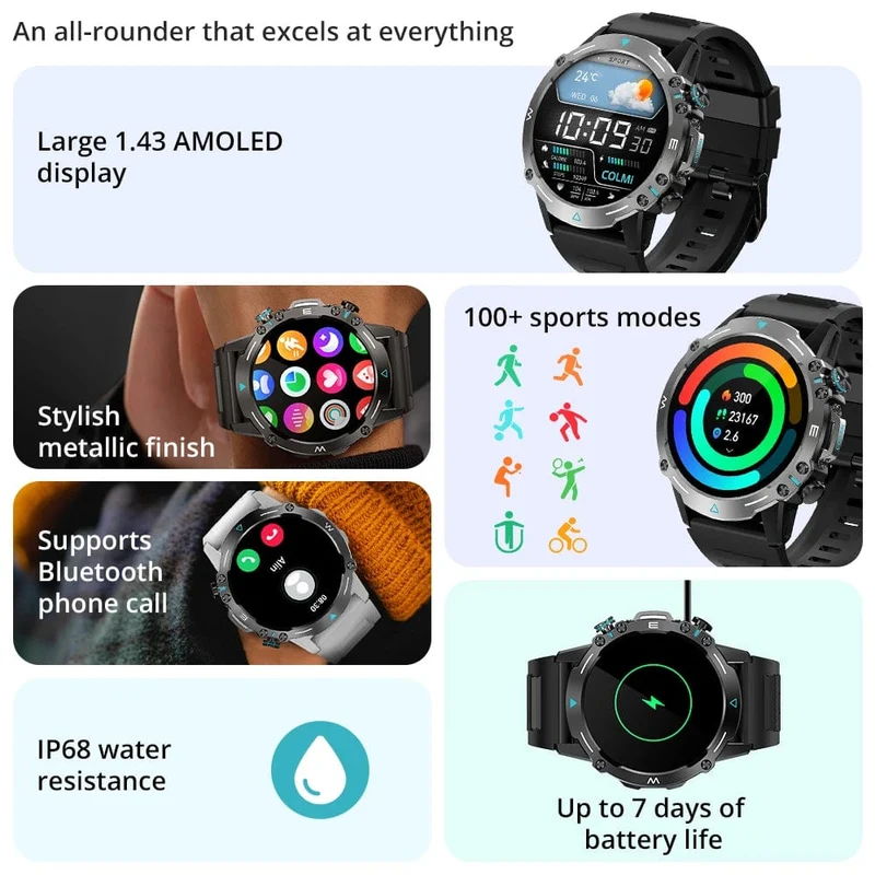 COLMI M42 Smartwatch 1.43-Zoll-AMOLED-Display 100 Sportmodi Sprachanrufe Smartwatch für Männer und Frauen Militärtaugliche Robustheitsuhr