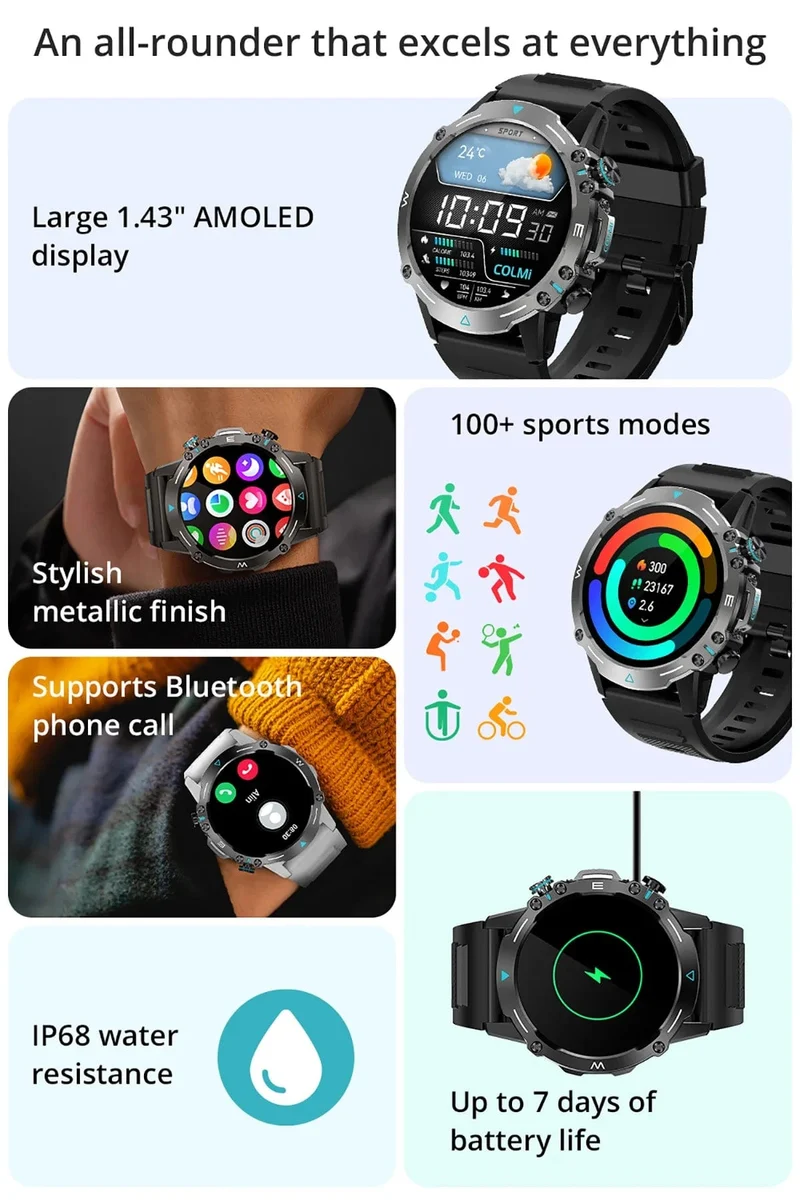 COLMI M42 Smartwatch 1.43-Zoll-AMOLED-Display 100 Sportmodi Sprachanrufe Smartwatch für Männer und Frauen Militärtaugliche Robustheitsuhr