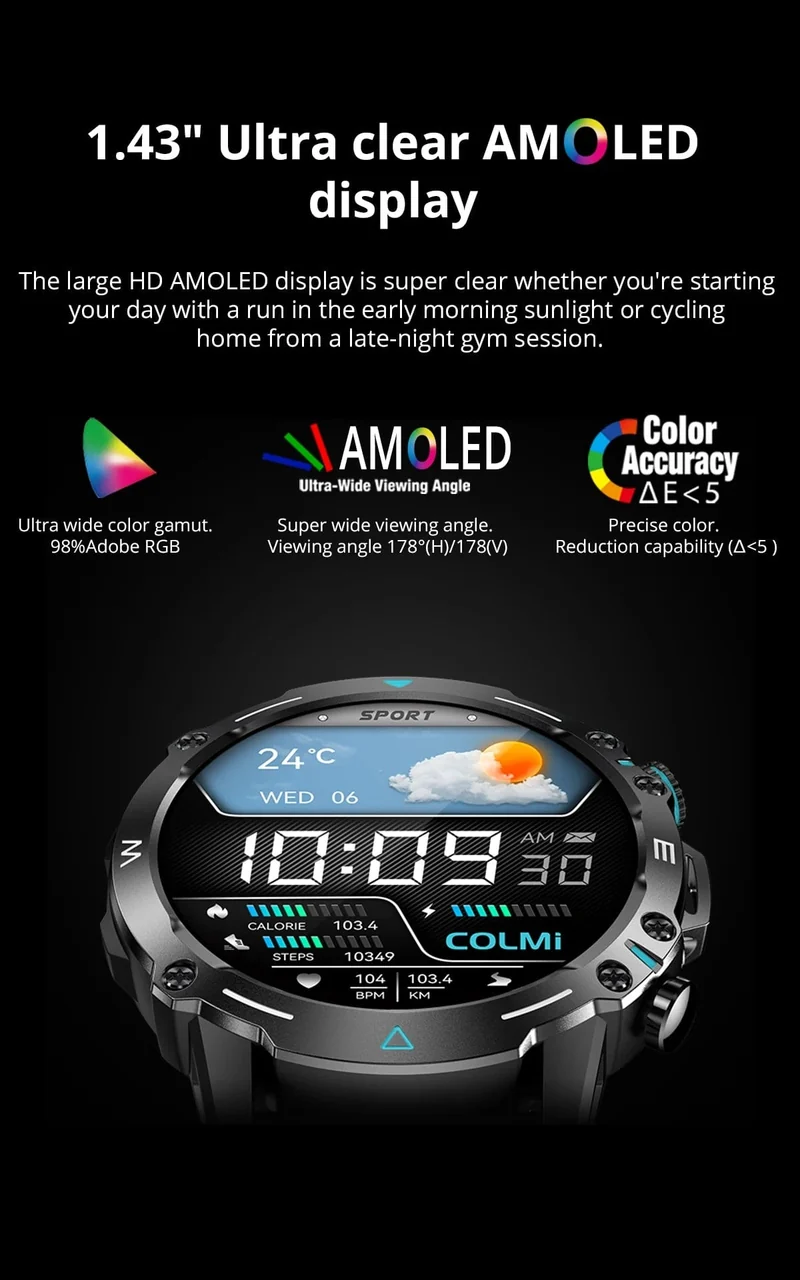 COLMI M42 Smartwatch 1.43-Zoll-AMOLED-Display 100 Sportmodi Sprachanrufe Smartwatch für Männer und Frauen Militärtaugliche Robustheitsuhr