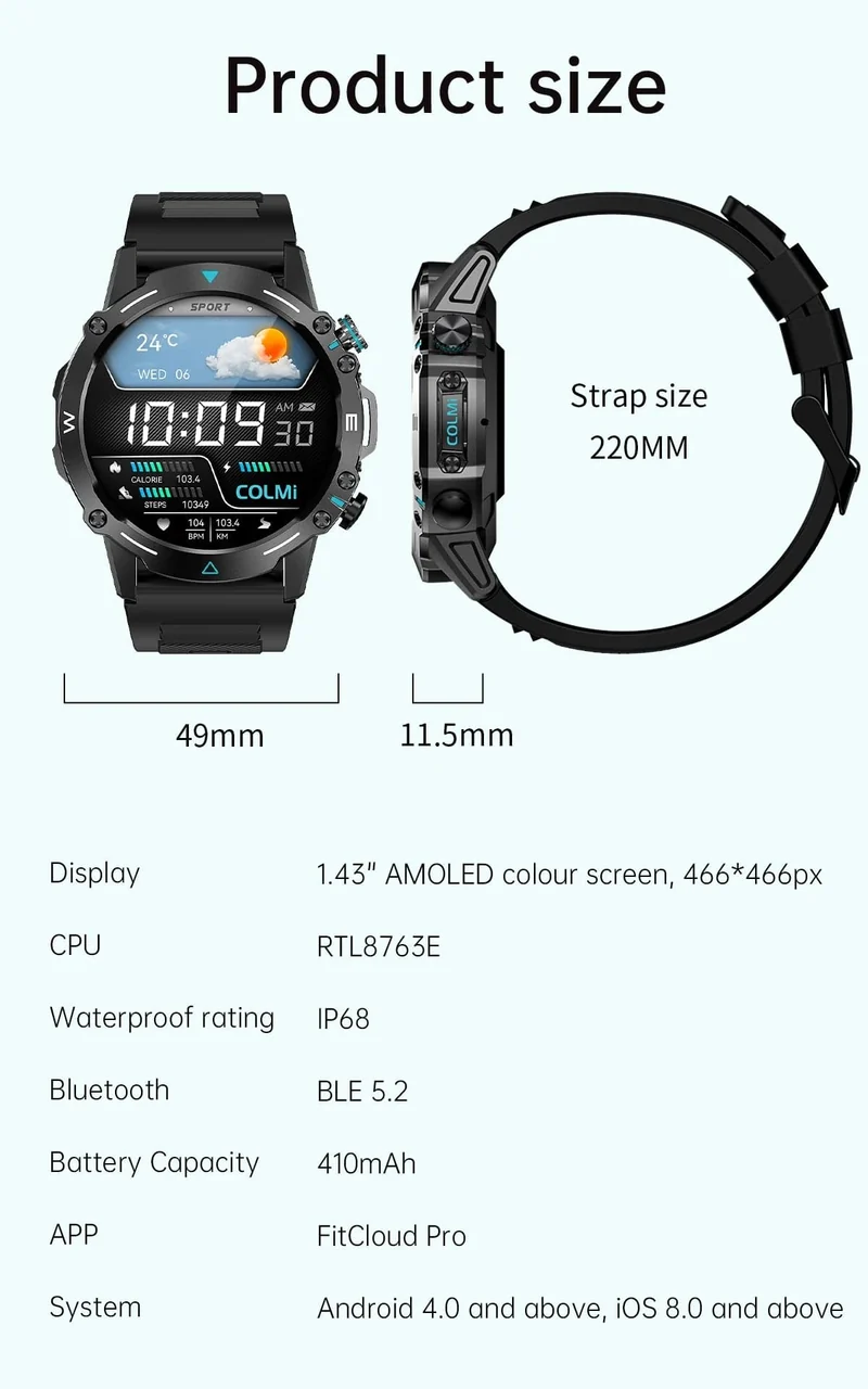 COLMI M42 Smartwatch 1.43-Zoll-AMOLED-Display 100 Sportmodi Sprachanrufe Smartwatch für Männer und Frauen Militärtaugliche Robustheitsuhr