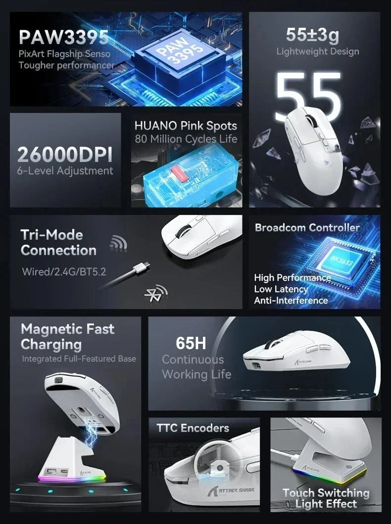 X6 PAW3395 Bluetooth-Maus, 2.4-Tri-Mode-Verbindung, magnetische RGB-Touch-Ladestation, Makro-Gaming-Maus
