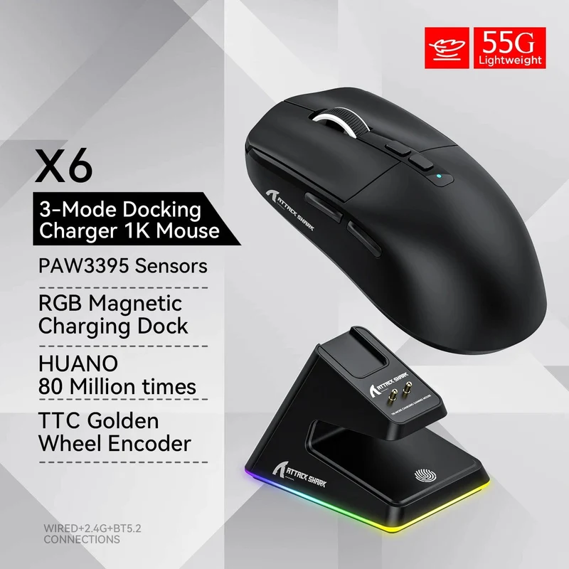 X6 PAW3395 Bluetooth-Maus, 2.4-Tri-Mode-Verbindung, magnetische RGB-Touch-Ladestation, Makro-Gaming-Maus