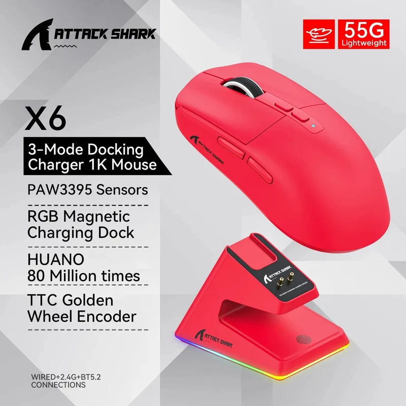 X6 PAW3395 Bluetooth-Maus, 2.4-Tri-Mode-Verbindung, magnetische RGB-Touch-Ladestation, Makro-Gaming-Maus