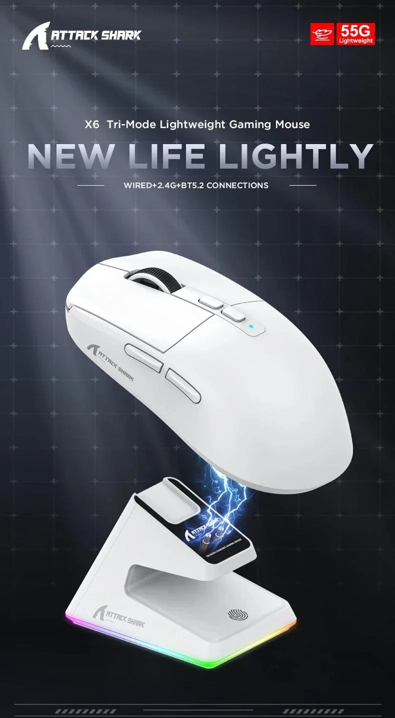 X6 PAW3395 Bluetooth-Maus, 2.4-Tri-Mode-Verbindung, magnetische RGB-Touch-Ladestation, Makro-Gaming-Maus