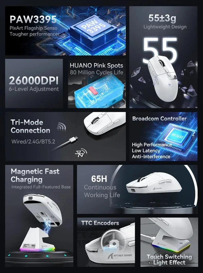 X6 PAW3395 Bluetooth-Maus, 2.4-Tri-Mode-Verbindung, magnetische RGB-Touch-Ladestation, Makro-Gaming-Maus