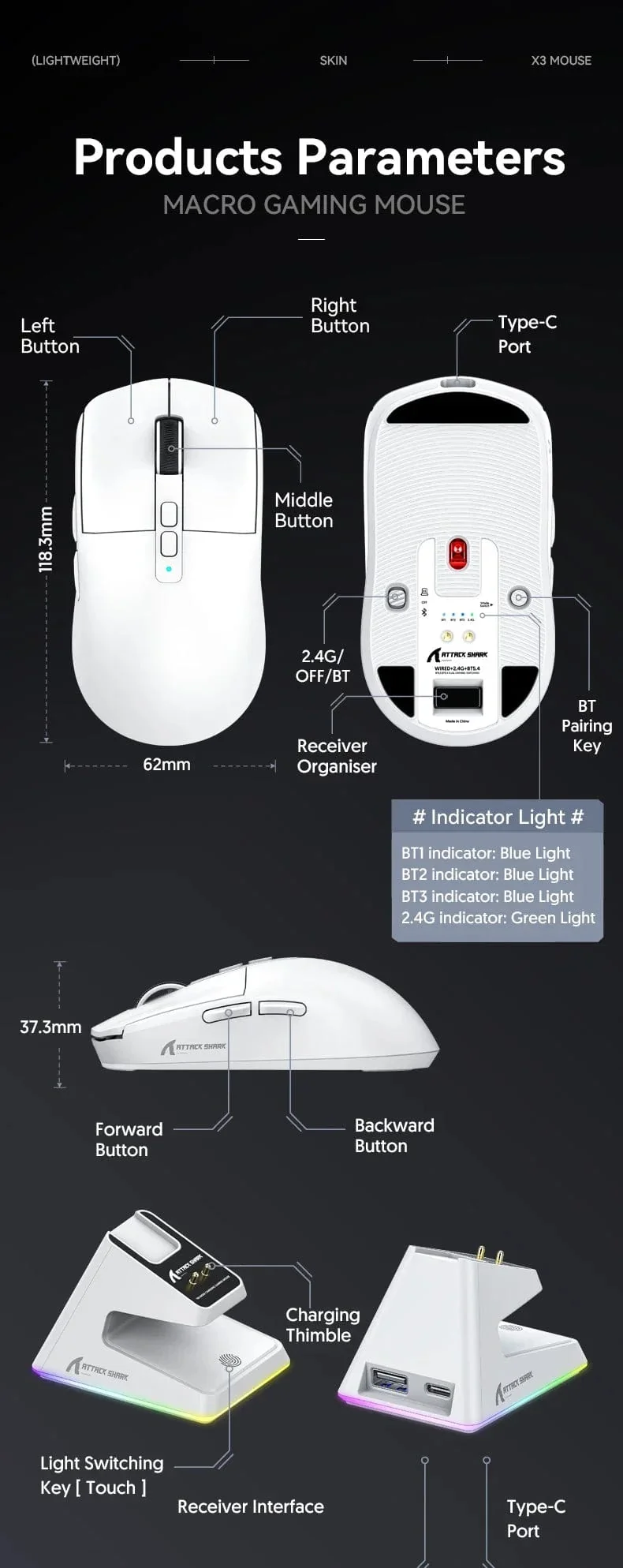 X6 PAW3395 Bluetooth-Maus, 2.4-Tri-Mode-Verbindung, magnetische RGB-Touch-Ladestation, Makro-Gaming-Maus