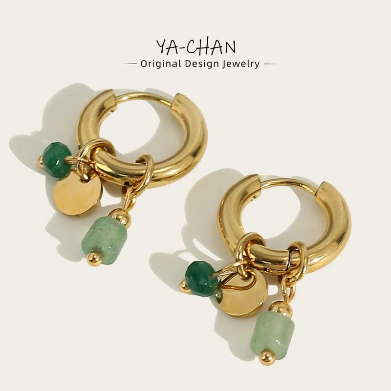YACHAN Creolen für Damen, 18 Karat vergoldet, Edelstahl, Vintage, grün, Naturstein, Charms, trendiger, wasserfester Schmuck