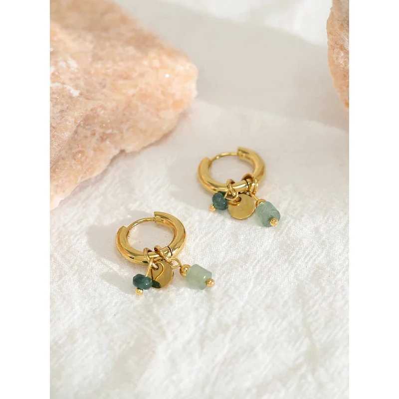 YACHAN Creolen für Damen, 18 Karat vergoldet, Edelstahl, Vintage, grün, Naturstein, Charms, trendiger, wasserfester Schmuck