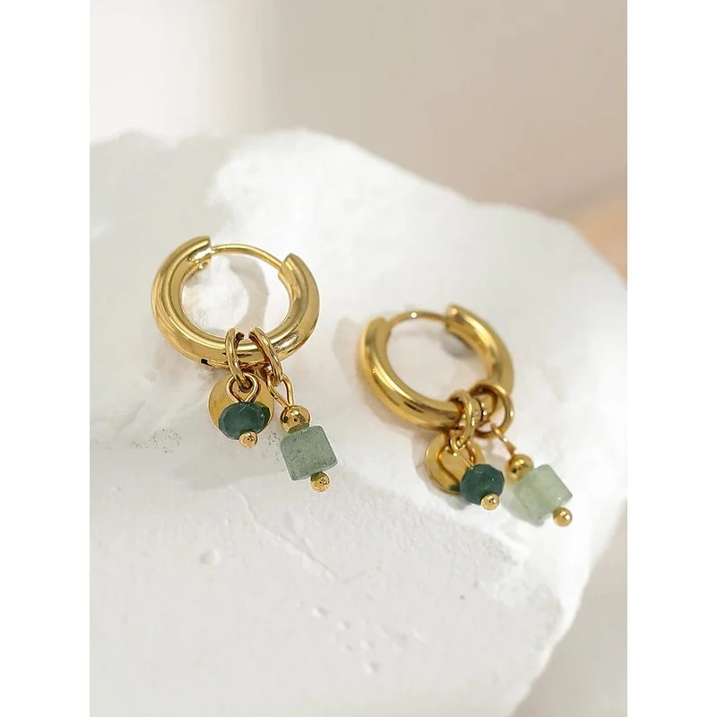 YACHAN Creolen für Damen, 18 Karat vergoldet, Edelstahl, Vintage, grün, Naturstein, Charms, trendiger, wasserfester Schmuck