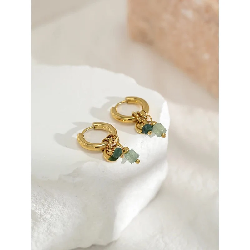 YACHAN Creolen für Damen, 18 Karat vergoldet, Edelstahl, Vintage, grün, Naturstein, Charms, trendiger, wasserfester Schmuck