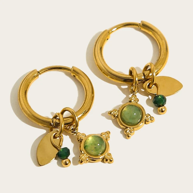 YACHAN Creolen für Damen, 18 Karat vergoldet, Edelstahl, Vintage, grün, Naturstein, Charms, trendiger, wasserfester Schmuck
