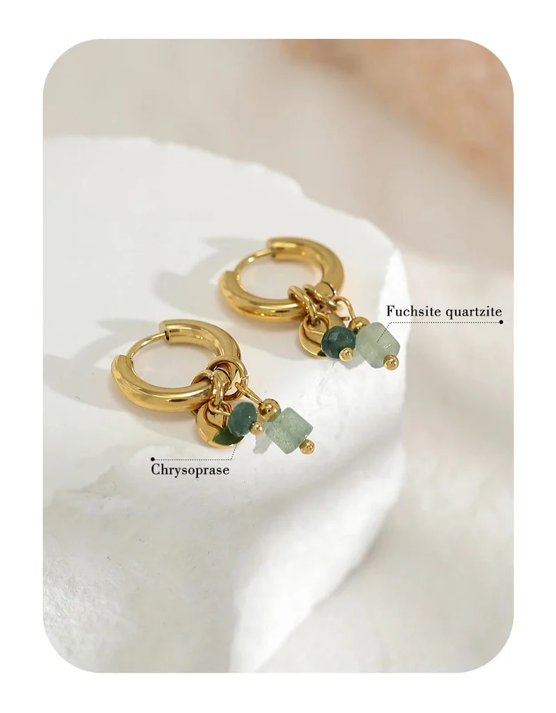 YACHAN Creolen für Damen, 18 Karat vergoldet, Edelstahl, Vintage, grün, Naturstein, Charms, trendiger, wasserfester Schmuck