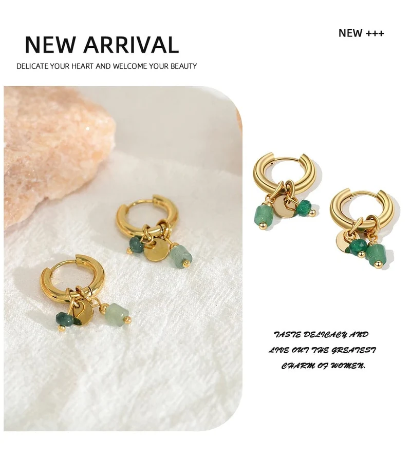 YACHAN Creolen für Damen, 18 Karat vergoldet, Edelstahl, Vintage, grün, Naturstein, Charms, trendiger, wasserfester Schmuck
