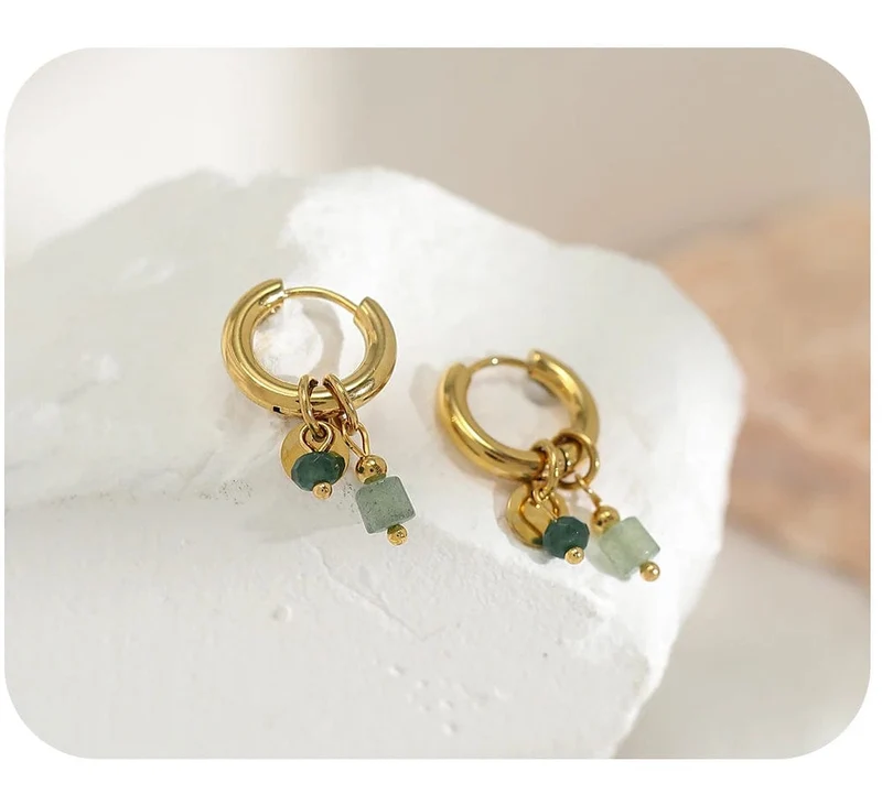 YACHAN Creolen für Damen, 18 Karat vergoldet, Edelstahl, Vintage, grün, Naturstein, Charms, trendiger, wasserfester Schmuck