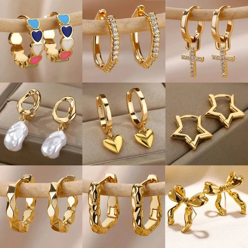 Herz Edelstahl Ohrringe für Frauen Zirkon Gold Farbe Hoop Ohrring Ästhetischen Wasserdicht Ohr Piercing Schmuck Zubehör