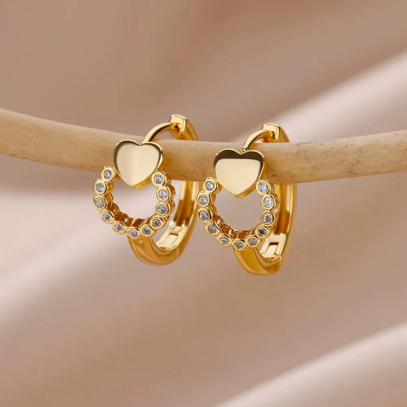 Herz Edelstahl Ohrringe für Frauen Zirkon Gold Farbe Hoop Ohrring Ästhetischen Wasserdicht Ohr Piercing Schmuck Zubehör