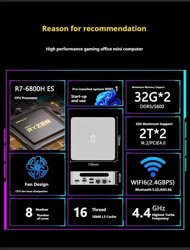 Genmachine AMD R7 Ryzen 7 6800H ES Mini-PC Windows 11 WiFi 6 Gaming-PC DDR5 4800MHz 4.4GHz CPU M.2-Display Computer-Unterstützung 4K