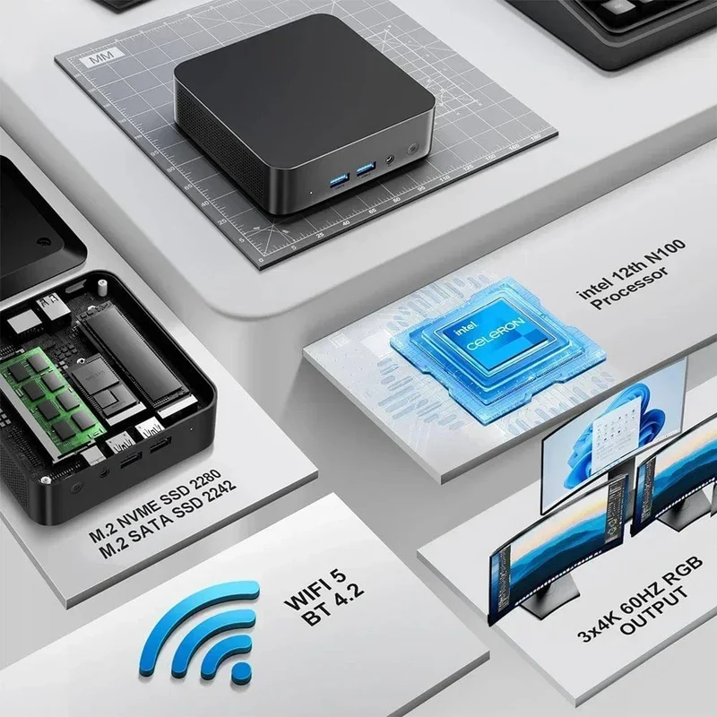 T9 Mini-PC Intel Alder Lake N100 Windows 11 Ultrakleiner Taschencomputer Dual-SSD Vollfunktion Typ-C 4K 60Hz RGB-Ausgang