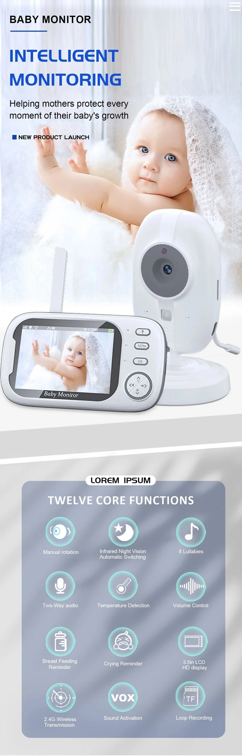 3.5 Zoll Wireless Video Babyphone Mutter Kinder Zweiwege-Audio Baby Nanny Sicherheitskamera Nachtsicht Temperaturüberwachung