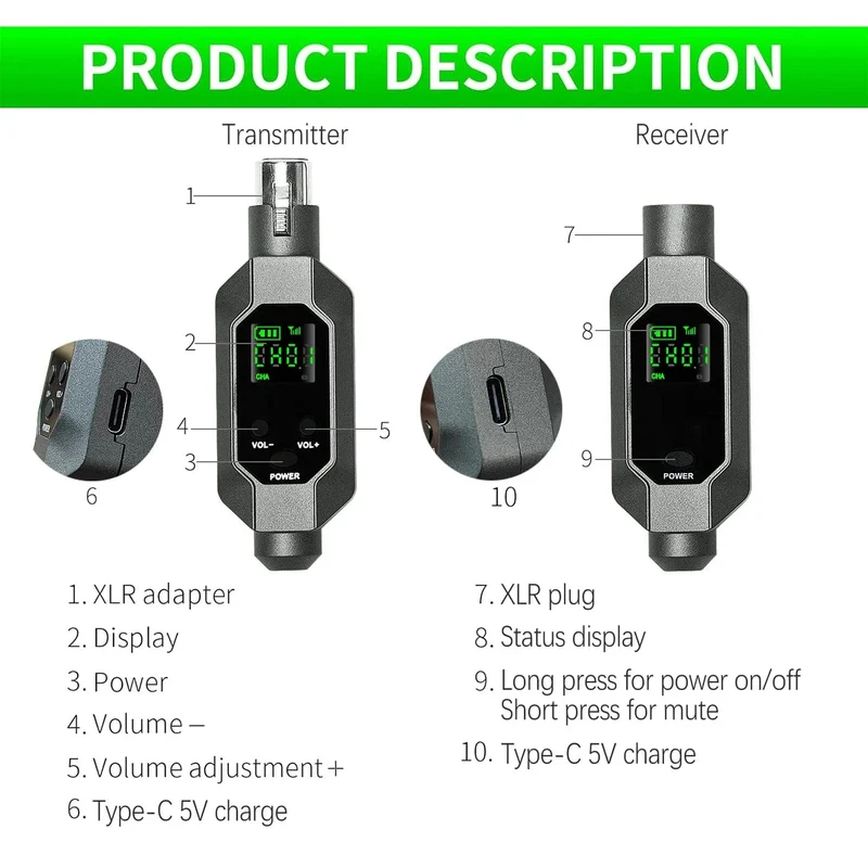 Drahtloser Mikrofonkonverter XLR-Sender und -Empfängermikrofon Drahtloses System für dynamisches Mikrofon für kabelgebundenes Mikrofon