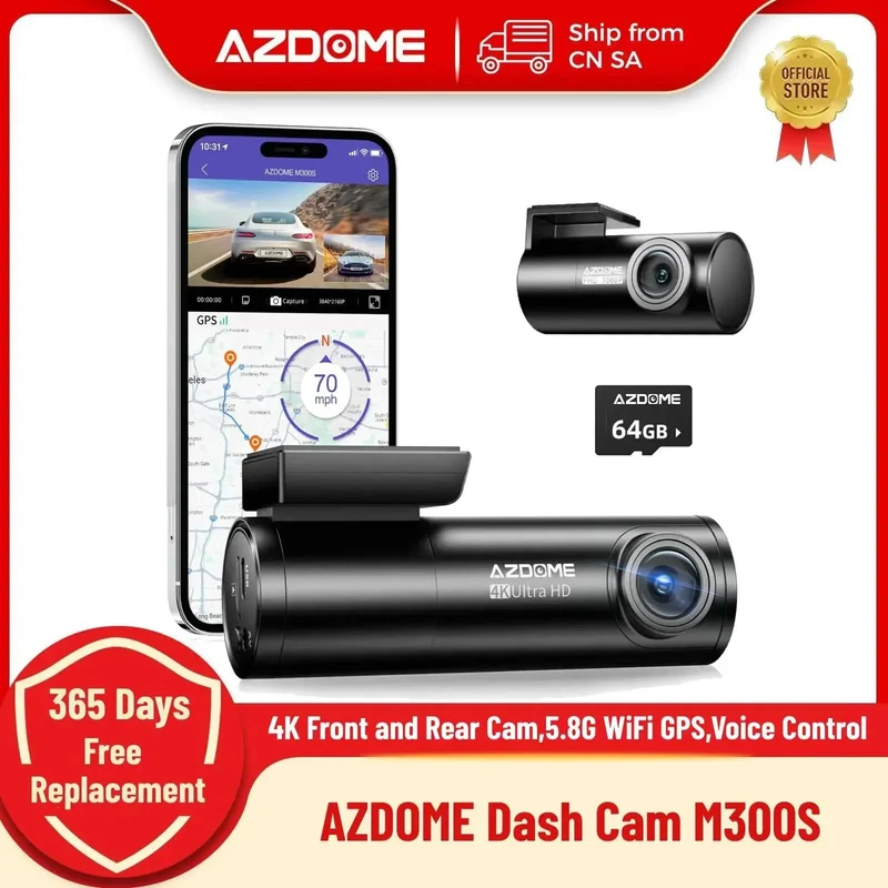AZDOME M300S 4K Dashcam vorne und hinten, 5.8G WiFi GPS Dashcam für Autos, kostenlose 64GB SD-Karte, Sprachsteuerung, WDR-Nachtsicht
