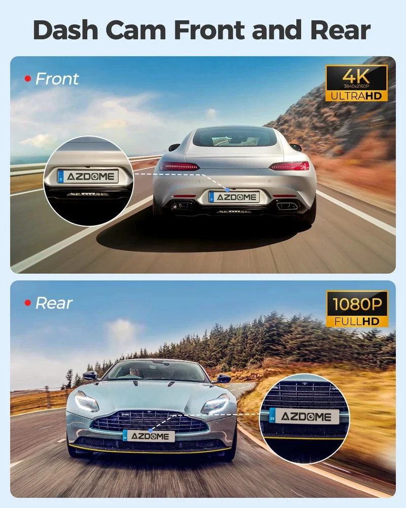 AZDOME M300S 4K Dashcam vorne und hinten, 5.8G WiFi GPS Dashcam für Autos, kostenlose 64GB SD-Karte, Sprachsteuerung, WDR-Nachtsicht