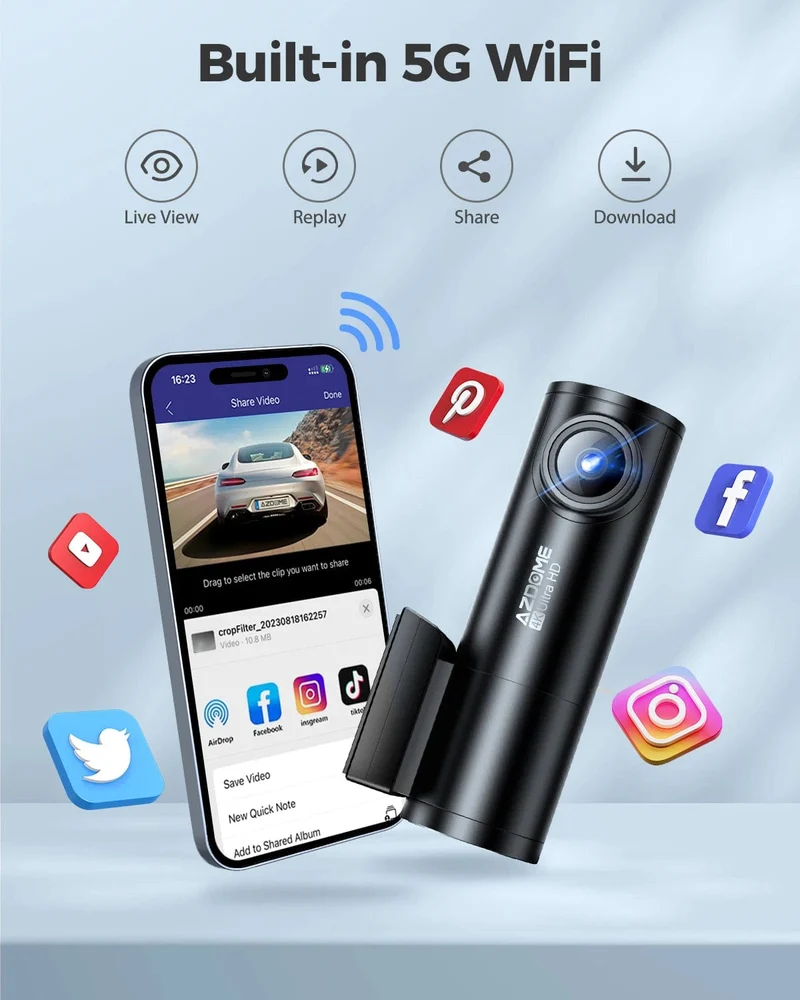 AZDOME M300S 4K Dashcam vorne und hinten, 5.8G WiFi GPS Dashcam für Autos, kostenlose 64GB SD-Karte, Sprachsteuerung, WDR-Nachtsicht