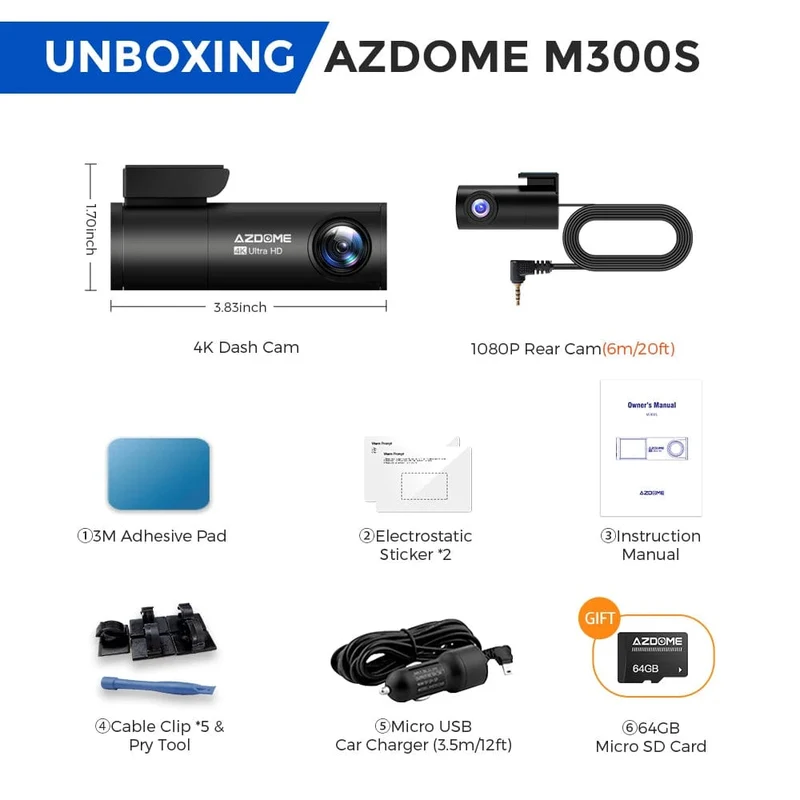 AZDOME M300S 4K Dashcam vorne und hinten, 5.8G WiFi GPS Dashcam für Autos, kostenlose 64GB SD-Karte, Sprachsteuerung, WDR-Nachtsicht