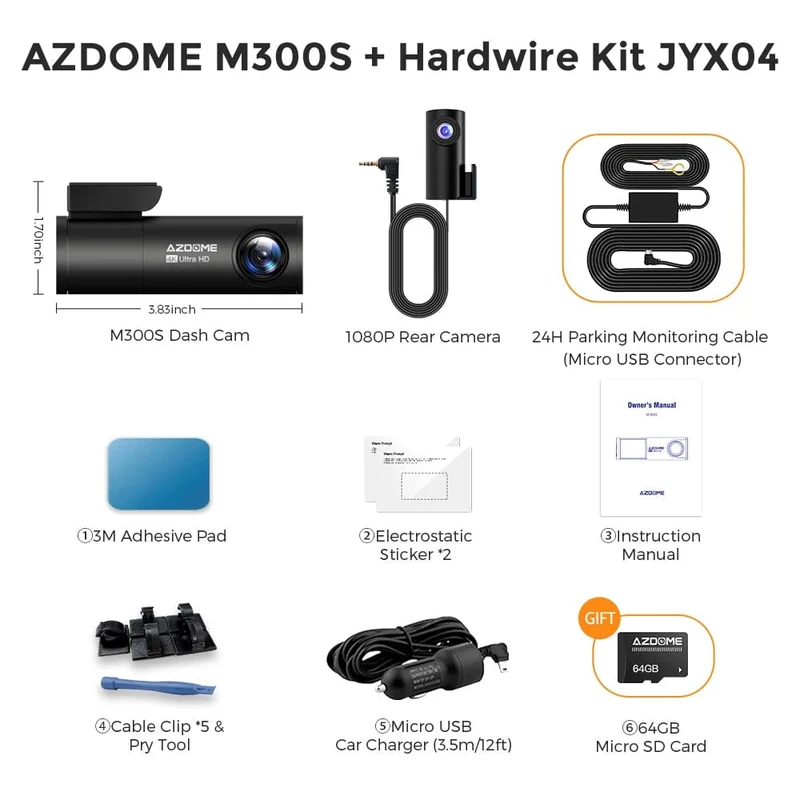 AZDOME M300S 4K Dashcam vorne und hinten, 5.8G WiFi GPS Dashcam für Autos, kostenlose 64GB SD-Karte, Sprachsteuerung, WDR-Nachtsicht