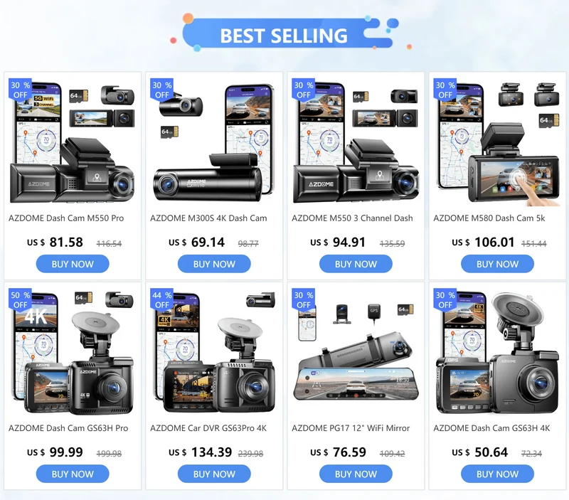 AZDOME M300S 4K Dashcam vorne und hinten, 5.8G WiFi GPS Dashcam für Autos, kostenlose 64GB SD-Karte, Sprachsteuerung, WDR-Nachtsicht