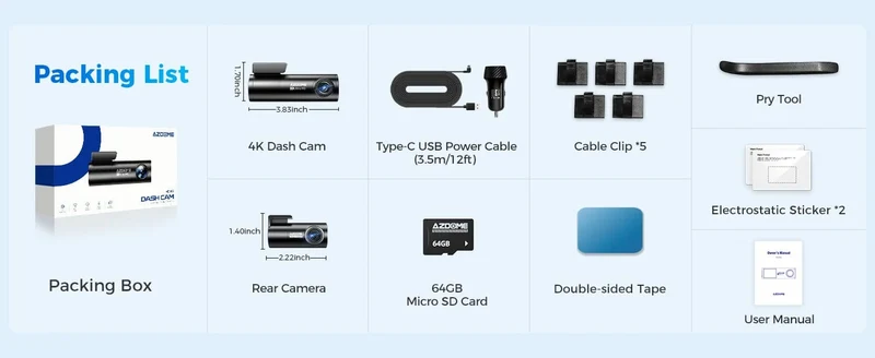 AZDOME M300S 4K Dashcam vorne und hinten, 5.8G WiFi GPS Dashcam für Autos, kostenlose 64GB SD-Karte, Sprachsteuerung, WDR-Nachtsicht
