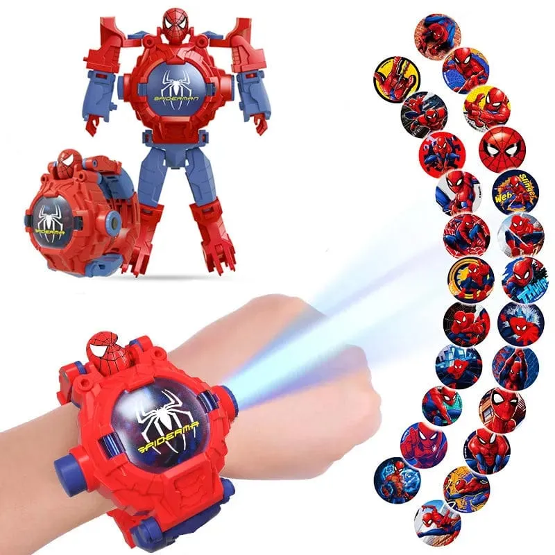 Disney Spiderman 24 Projektionsmuster Kinderuhren für Jungen Verformungsroboter Projektions-elektronische Uhr Kinder Weihnachten