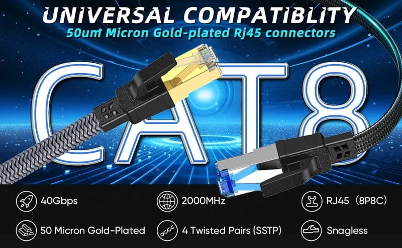 D-Sunty Ethernet-Kabel CAT8 40 Gbit/s, geflochtenes Nylon-Netzwerk-LAN-Kabel für PC-Modem, Laptop, PS 5, Router, RJ45-Flachkabel, Ethernet Cat 8