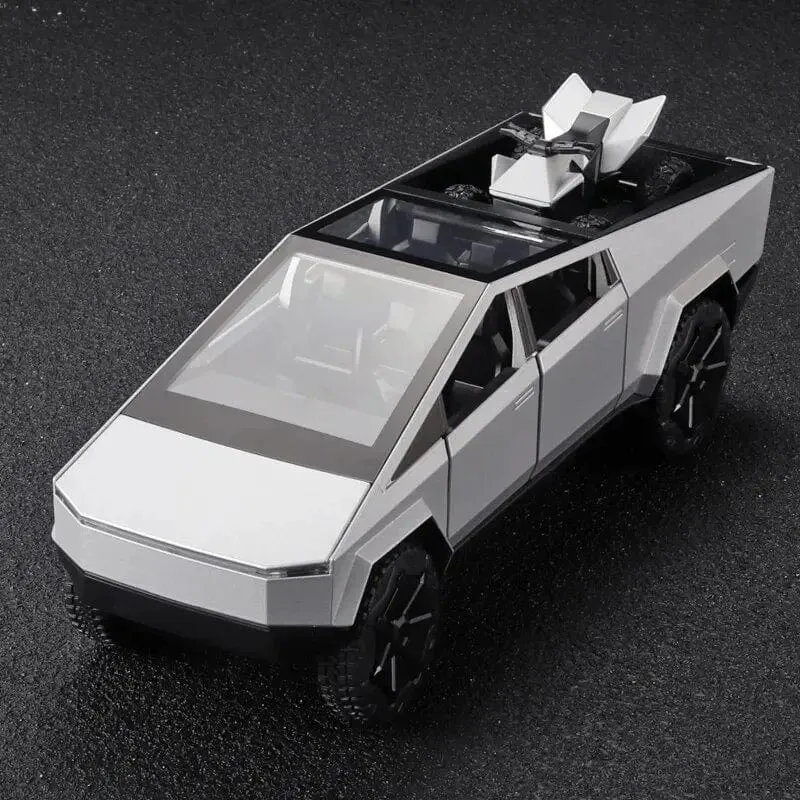 1:24 Cybertruck-Modell, silberner Pickup-Truck, Spielzeugautos aus Druckgussmetall mit Ton und Licht für Kinder ab 3 Jahren