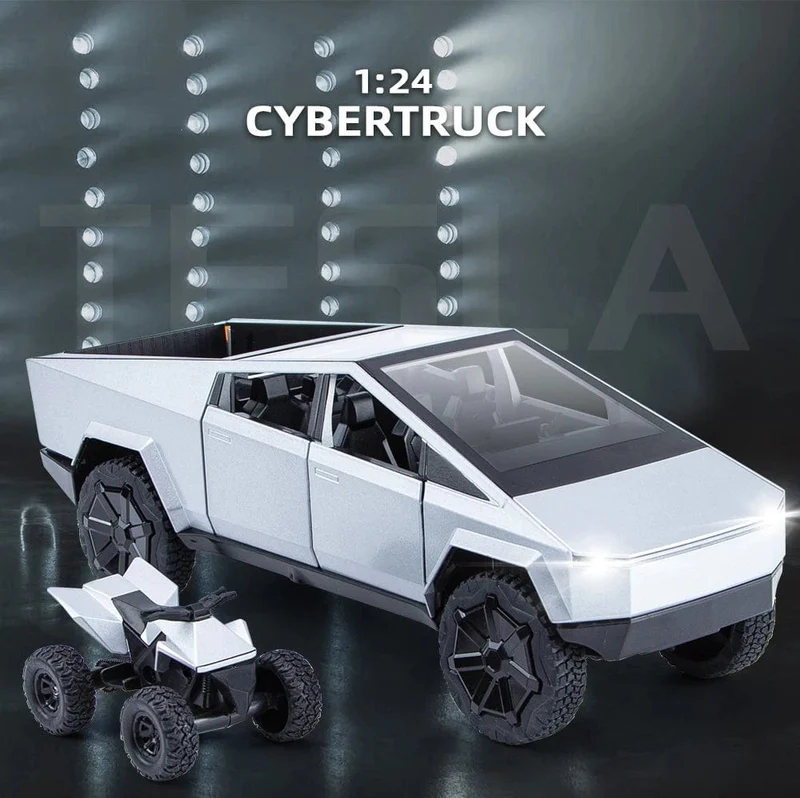 1:24 Cybertruck-Modell, silberner Pickup-Truck, Spielzeugautos aus Druckgussmetall mit Ton und Licht für Kinder ab 3 Jahren