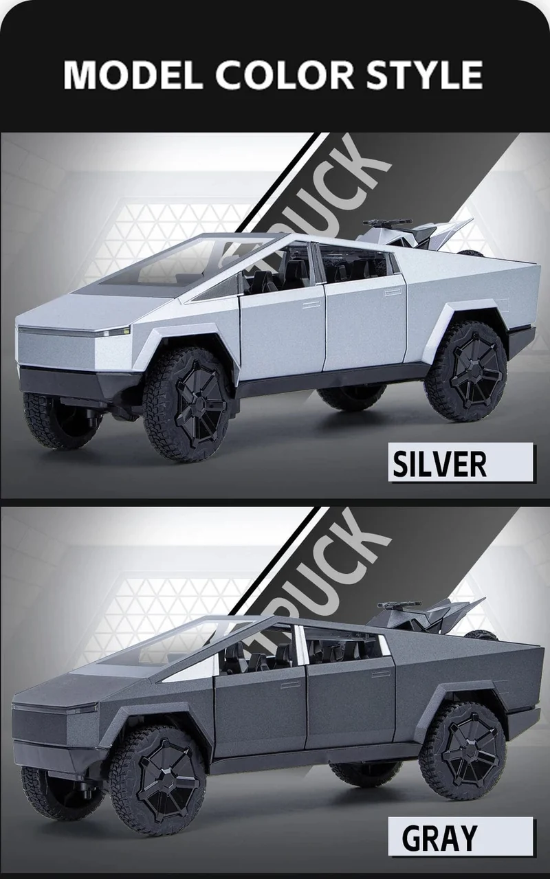 1:24 Cybertruck-Modell, silberner Pickup-Truck, Spielzeugautos aus Druckgussmetall mit Ton und Licht für Kinder ab 3 Jahren