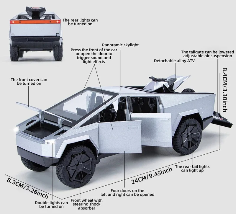 1:24 Cybertruck-Modell, silberner Pickup-Truck, Spielzeugautos aus Druckgussmetall mit Ton und Licht für Kinder ab 3 Jahren