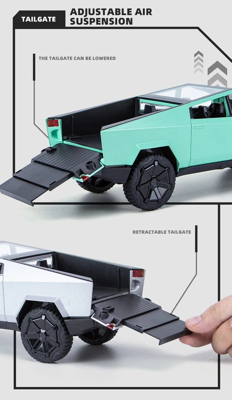 1:24 Cybertruck-Modell, silberner Pickup-Truck, Spielzeugautos aus Druckgussmetall mit Ton und Licht für Kinder ab 3 Jahren