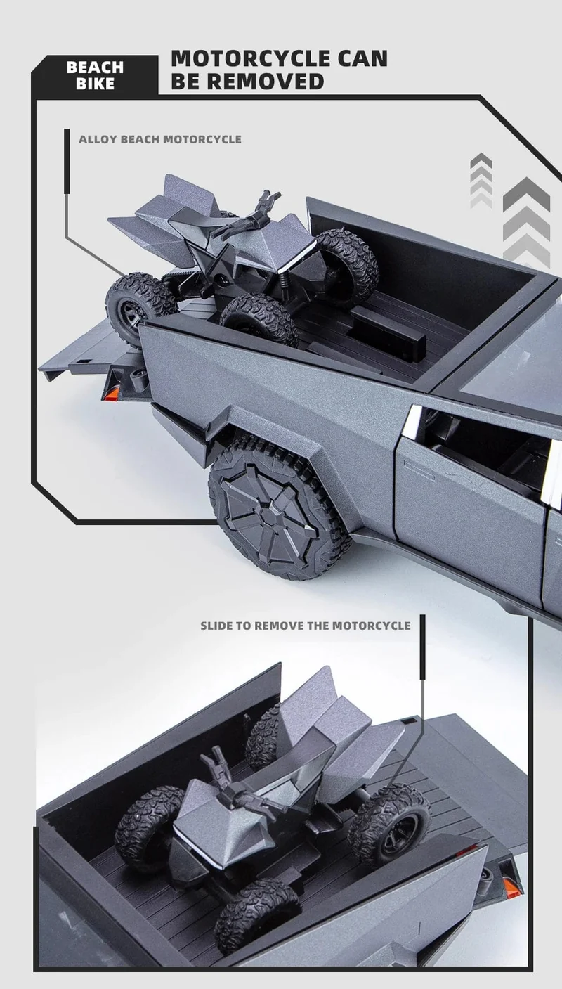 1:24 Cybertruck-Modell, silberner Pickup-Truck, Spielzeugautos aus Druckgussmetall mit Ton und Licht für Kinder ab 3 Jahren
