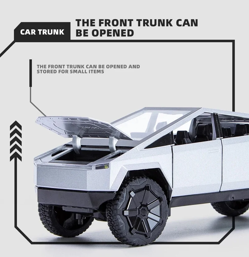 1:24 Cybertruck-Modell, silberner Pickup-Truck, Spielzeugautos aus Druckgussmetall mit Ton und Licht für Kinder ab 3 Jahren