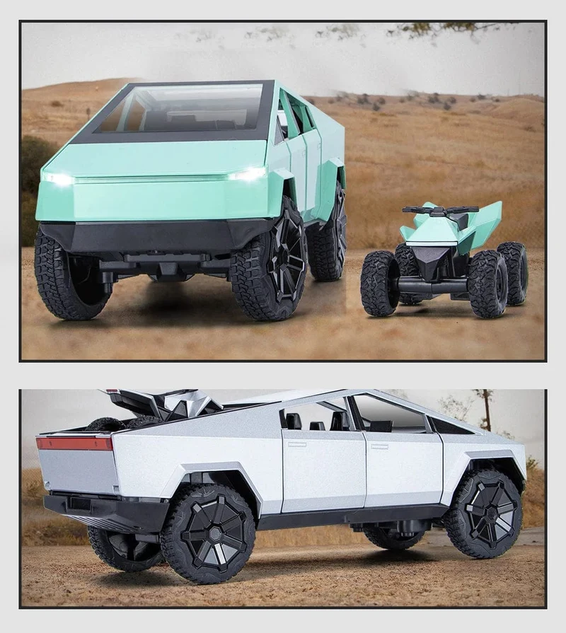 1:24 Cybertruck-Modell, silberner Pickup-Truck, Spielzeugautos aus Druckgussmetall mit Ton und Licht für Kinder ab 3 Jahren
